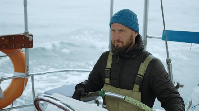 Portrait Of Helmsman On Board Of Fishing Boat, Handsome Bearded Man Leading Ship To Island