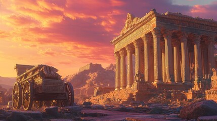 Obraz premium Ancient temple ruins at sunset. A weathered cart stands beside the temple, nestled in a sun-drenched landscape of rocks and hills. The golden hour bathes the scene in warm, vibrant colors
