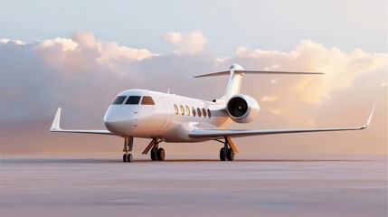 Naklejka premium Luxury private jet parked on tarmac with dramatic cloudscape background during sunset or sunrise