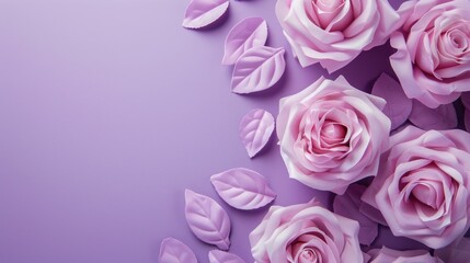 Beautiful roses on a purple background. Wedding and Women's Day greeting card.