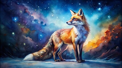 Obraz premium Night Watercolor Fox: Hand-Painted Artistic Wildlife Illustration