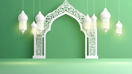 **A simple vector illustration featuring a radiant green background illuminating a white, elegant paper arch with delicate Islamic patterns and lanterns hanging from it.