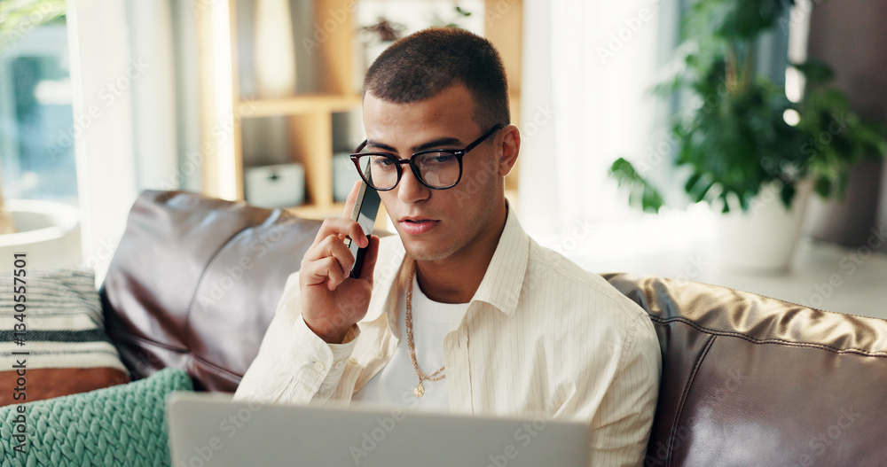 Poster man, laptop and phone call on sofa in home for customer inquiry, online service and help with bankin