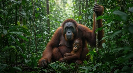 Obraz premium Orangutan Mother and Baby Sitting Amongst Lush Green Jungle Foliage
