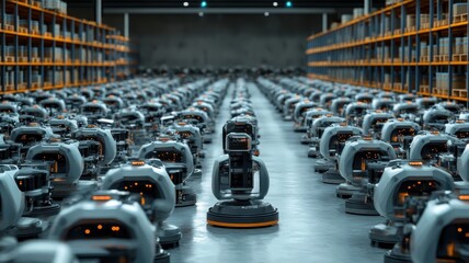 Expansive warehouse showcasing innovative self-organizing systems and efficient storage solutions.