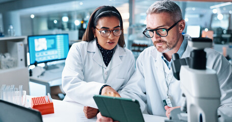 Medical, science and tablet with people in laboratory together for breakthrough or development....