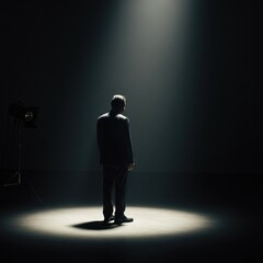 Fototapeta premium Dramatic spotlight on a lone figure in a dark room captures the essence of solitude. A man stands centered under a bright light, evoking a sense of mystery.