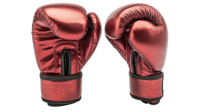 Shining red boxing gloves ready for an intense training session in the gym