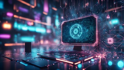 Futuristic computer setup glowing neon effects digital circuitry, ideal technology gaming concepts.