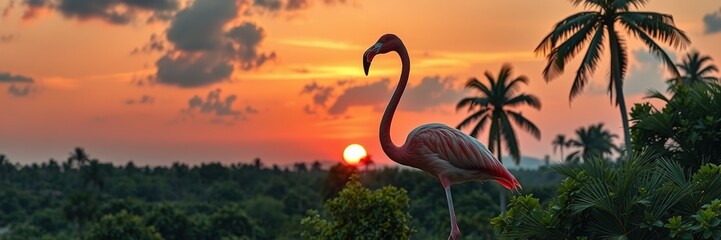 Fototapeta premium Pink Flamingo Silhouette Against Sunset Sky