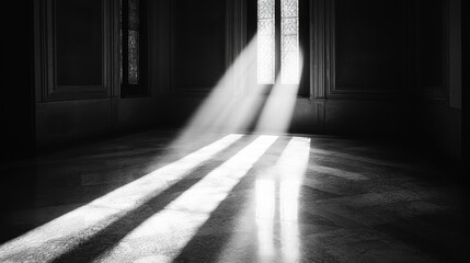 Sunlight streaming through tall windows in empty dark room