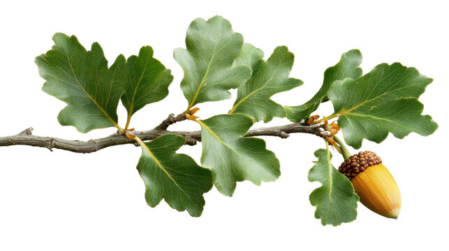 Oak branch with green leaves and acorn on transparent background