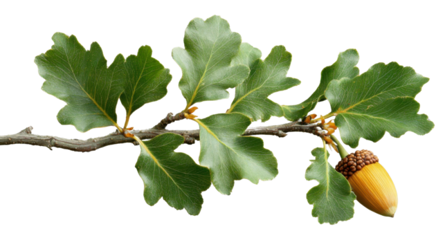Oak branch with green leaves and acorn on transparent background