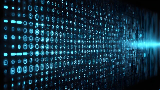 Abstract background image featuring a digital data stream glowing blue icons flowing a dark space.