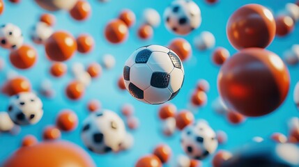Naklejka premium Dynamic soccer ball amidst floating colorful spheres