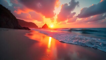 Fototapeta premium A gorgeous beach scene featuring a stunning sunset over the ocean
