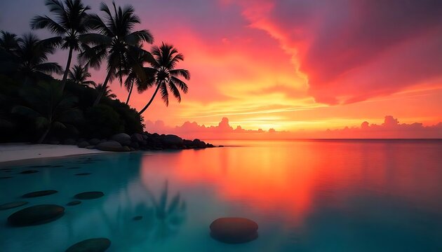 Beautiful sunset over tropical beach with palm trees and water