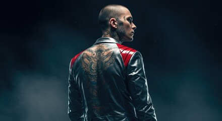 Obraz premium Striking Tattoo Art on Leather Jacket - A Symbol of Rebellion and Style