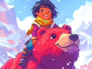 Naklejka premium Child Riding a Furry Red Bear in Snowy Mountain Landscape