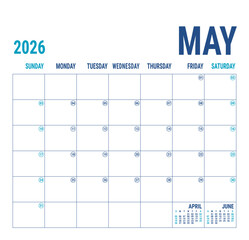 Planner May 2026 year. English calendar template. Vector square grid. Office business planning. Creative trendy design. Blue color