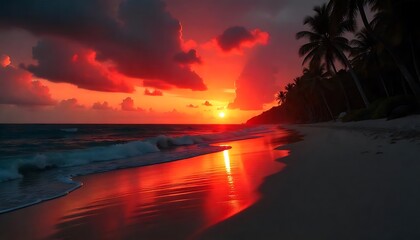 A breathtaking sunset casts bright light on the tropical beach