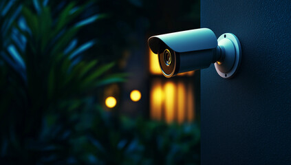modern security camera mounted on wall in lush outdoor setting, capturing essence of safety and surveillance at night