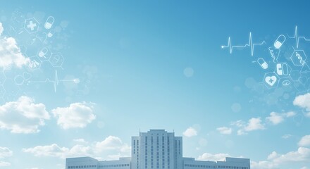 Modern healthcare and technology concept with a futuristic hospital building. Healthcare and Doctor's Day concept. Copy space for banner design.