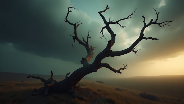 A bare tree stands stark against a dark, stormy sky with a sliver of warm light on the horizon