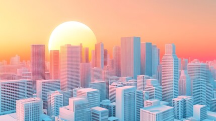 Fototapeta premium Modern city skyline with rising sun in the pastel sky