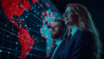 group of business professionals analyzing global data on digital map, showcasing teamwork and innovation. Their expressions reflect confidence and determination
