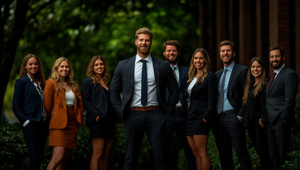 Fototapeta premium confident business leader stands at forefront with group of smiling professionals, showcasing teamwork and success in vibrant outdoor setting