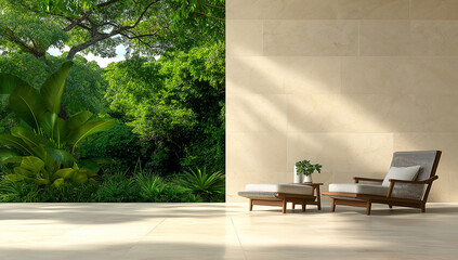 Fototapeta premium modern and minimalist terrace featuring outdoor furniture, surrounded by lush greenery and natural light. serene atmosphere invites relaxation and tranquility