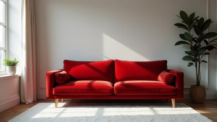 There is a red sofa in the room.