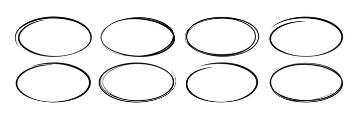 Black circular highlights and hand drawn ovals. Sketch style marker ellipses frame. Vector illustration on a white background.