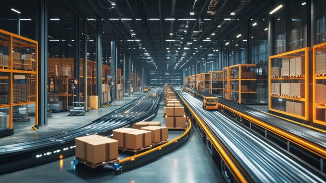 An automated warehouse filled with self-organizing robots optimizing logistics and enhancing efficiency.