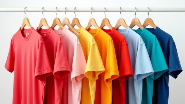 pile of colorful t-shirts on a hanger on a white background.