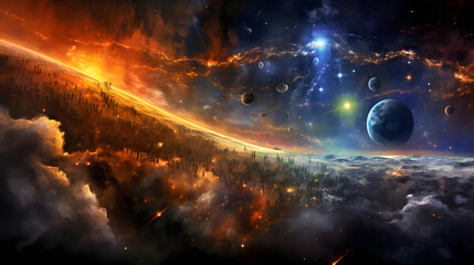 Obraz premium A space scene with planets and stars: captivating infographic illustrating various galaxies and their unique characteristics in the universe.