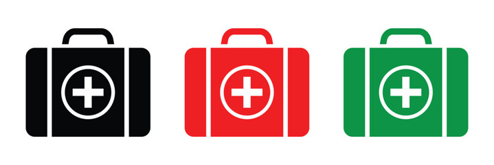 First aid box icon in black, red and green. Medical aid kit icon. First aid kit and medical case icon pack. Healthcare symbols and briefcases in vector style.