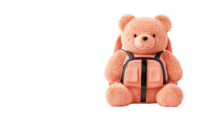Aesthetic backpacks style. Fluffy teddy bear with a backpack against a dark background.