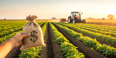 Agricultural landscape, farm field rows, green crops, red tractor in distance, burlap money bag with dollar sign in foreground, golden sunlight, rural scene, fertile soil, farming economy, abundant ha