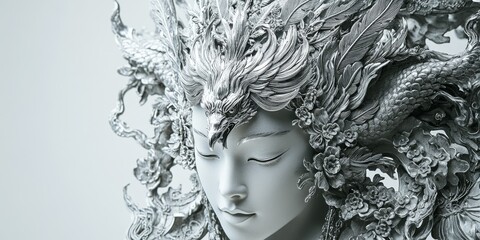 Silver statue of woman wearing ornate headdress featuring bird and floral motifs