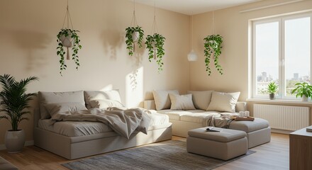 Fototapeta premium Living Room Interior with Hanging Plants and Natural Light