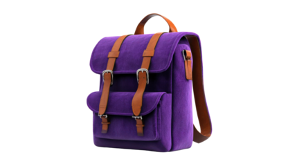 Aesthetic backpacks style. Purple backpack with leather straps on a black background.
