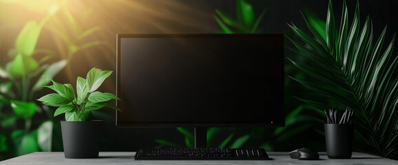 Modern office setup with computer monitor, keyboard, and plants