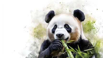 Obraz premium Adorable panda intensely eats fresh bamboo with leafy branches