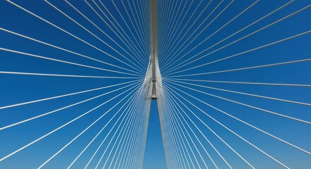 Bridge Cables Converging Against Clear Blue Sky Architectural Perspective