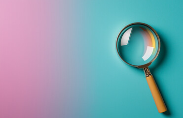 magnifying glass with wooden handle rests on vibrant gradient background, showcasing blend of pink and turquoise colors. image evokes curiosity and exploration