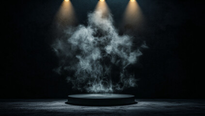 dark stage with round podium illuminated by spotlights, surrounded by mist, creating dramatic atmosphere