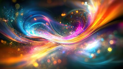 A mesmerizing abstract image featuring vibrant swirling lights in a multicolored spectrum with glowing particles and dynamic motion.