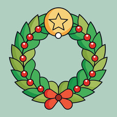 Vector Christmas wreath with star and red berries, A festive vector illustration of a Christmas wreath decorated with a golden star, red berries, and a red bow, symbolizing holiday joy.  
